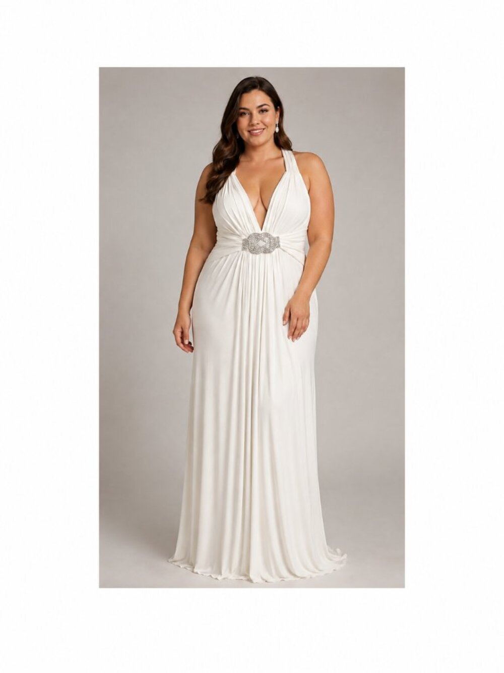 db Studio Ivory Formal Gown Size 16 Rhinestone Beaded Halter Maxi Dress NWT.
